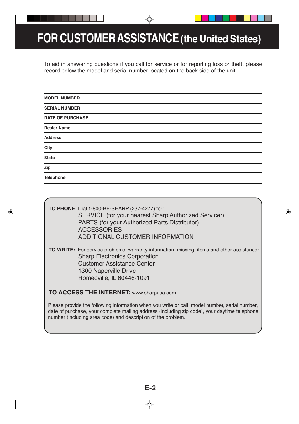 For customer assistance, The united states) | Sharp CV-P09LX User Manual | Page 4 / 96