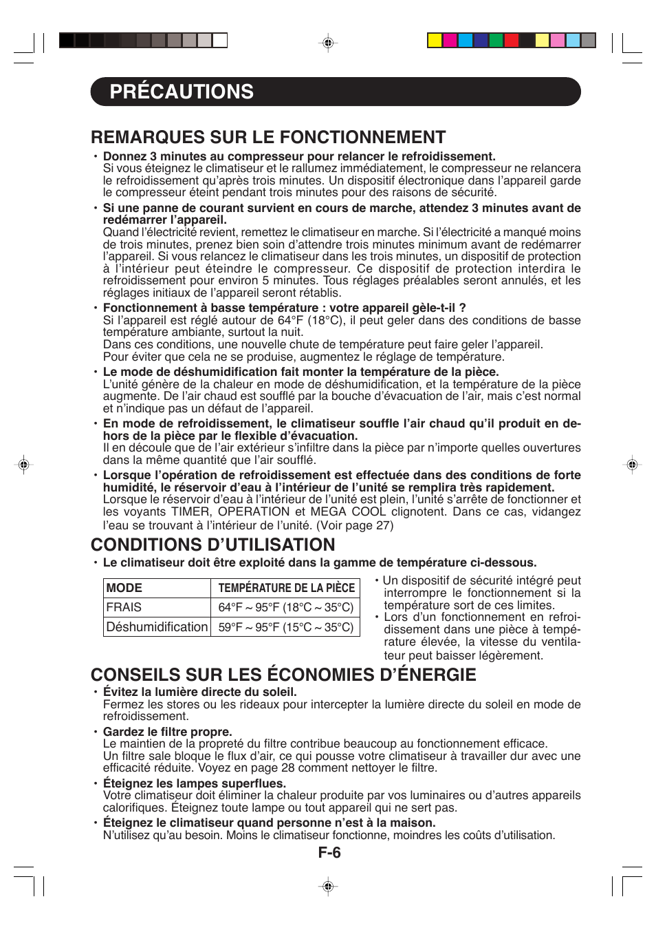 Précautions, Remarques sur le fonctionnement, Conditions d’utilisation | Conseils sur les économies d’énergie | Sharp CV-P09LX User Manual | Page 40 / 96