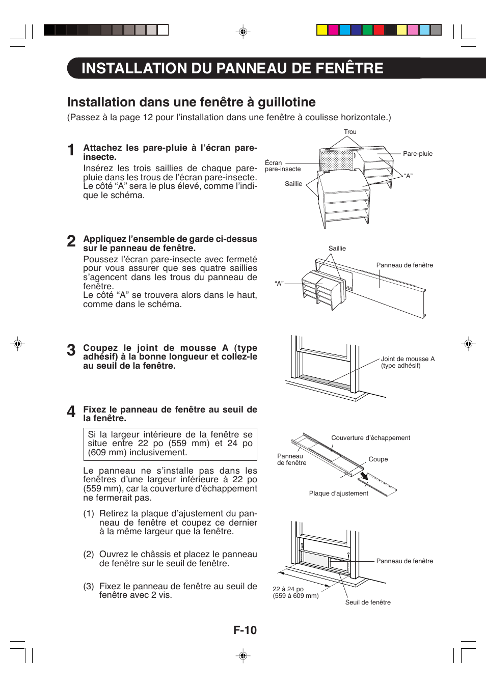 Installation du panneau de fenêtre, Installation dans une fenêtre à guillotine, F-10 | Sharp CV-P09LX User Manual | Page 44 / 96