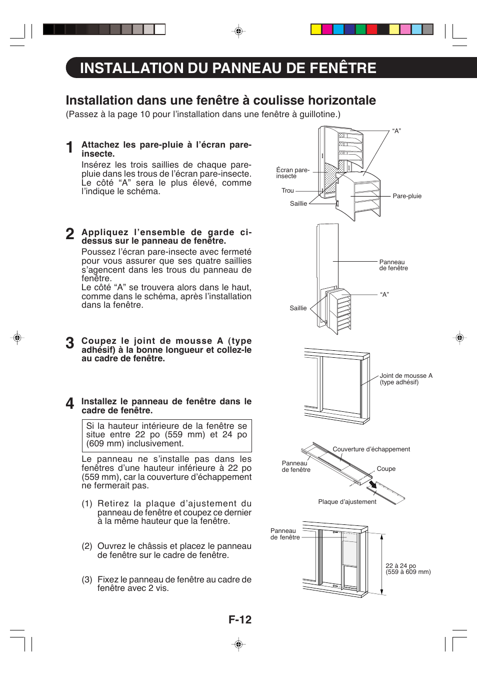 Installation du panneau de fenêtre, F-12 | Sharp CV-P09LX User Manual | Page 46 / 96