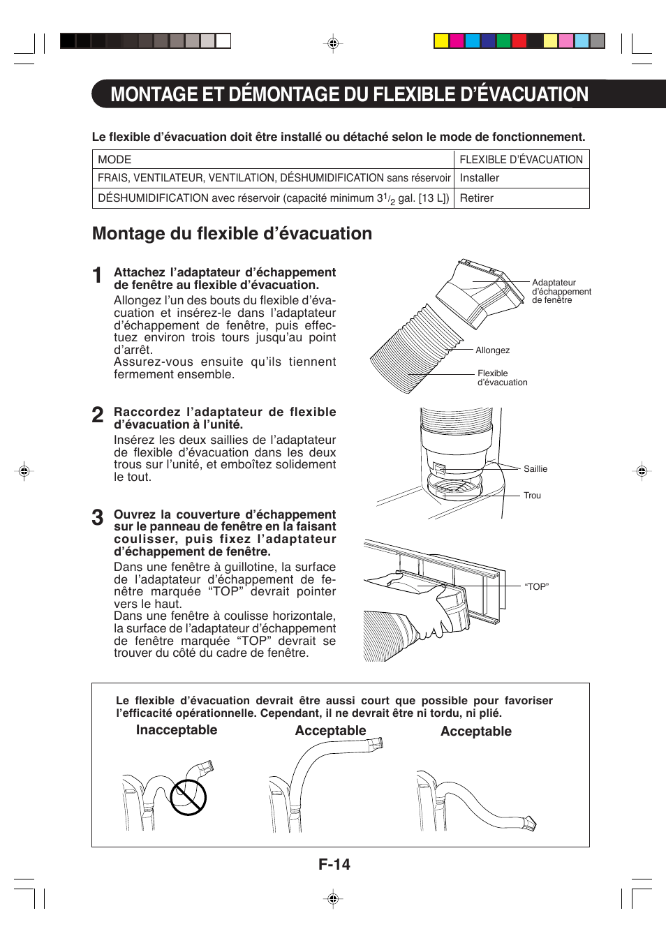 Montage et démontage du flexible d’évacuation, Montage du flexible d’évacuation, F-14 | Sharp CV-P09LX User Manual | Page 48 / 96