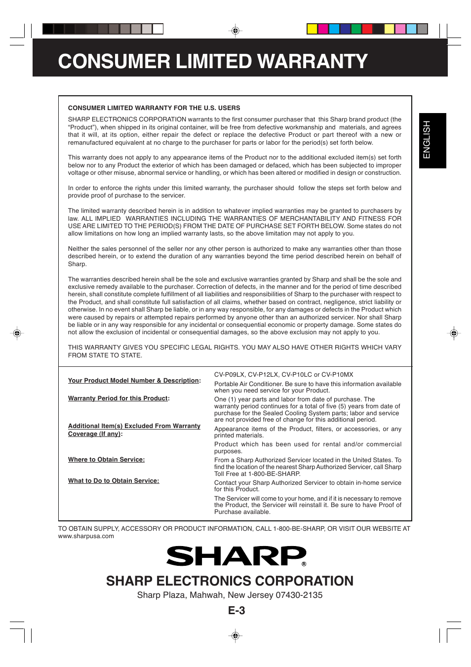 Consumer limited warranty, Sharp electronics corporation | Sharp CV-P09LX User Manual | Page 5 / 96