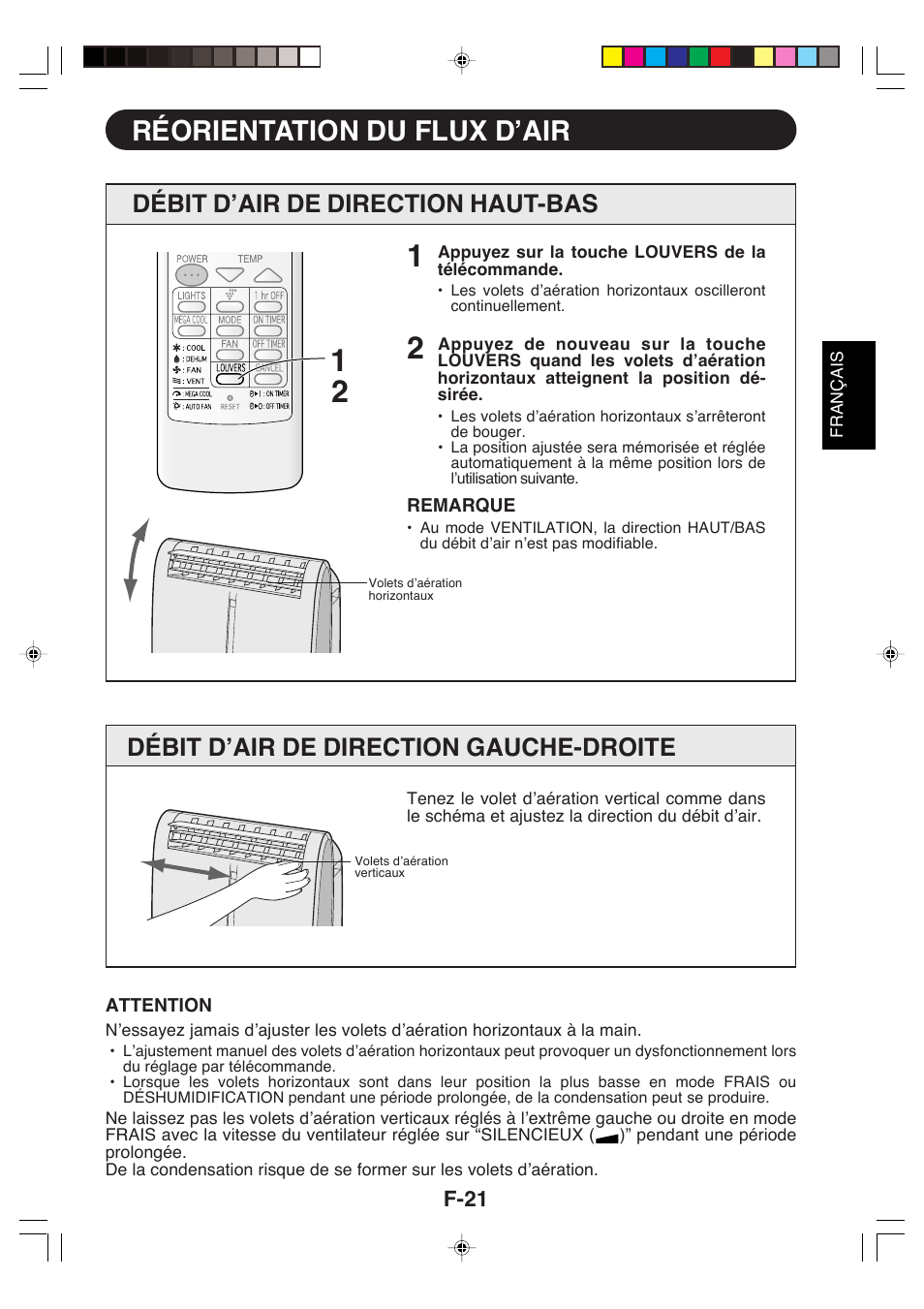 Réorientation du flux d’air, Débit d’air de direction haut-bas, Débit d’air de direction gauche-droite | Sharp CV-P09LX User Manual | Page 55 / 96