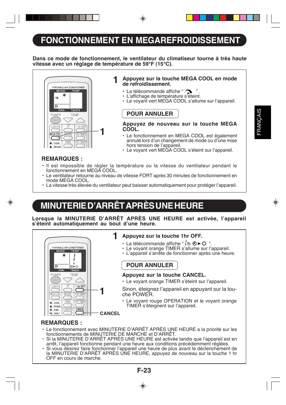 Fonctionnement en megarefroidissement, Minuterie d’arrêt après une heure, F-23 | Sharp CV-P09LX User Manual | Page 57 / 96