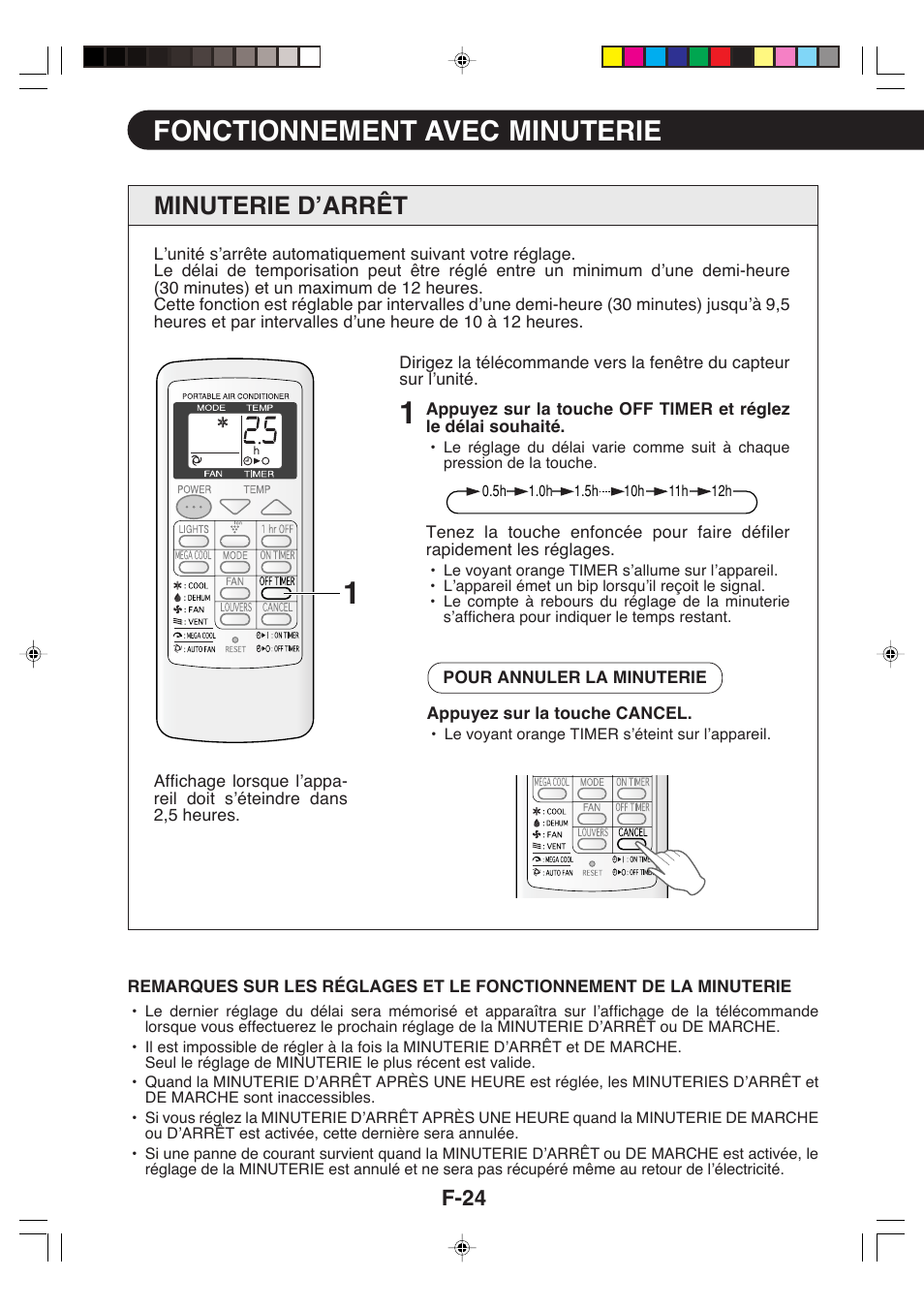 Fonctionnement avec minuterie, Minuterie d’arrêt, F-24 | Sharp CV-P09LX User Manual | Page 58 / 96