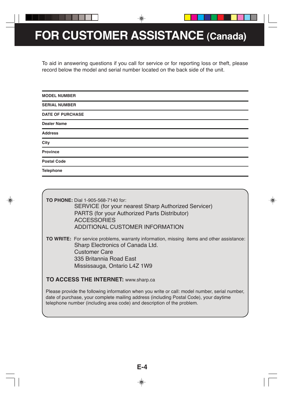 For customer assistance, Canada) | Sharp CV-P09LX User Manual | Page 6 / 96