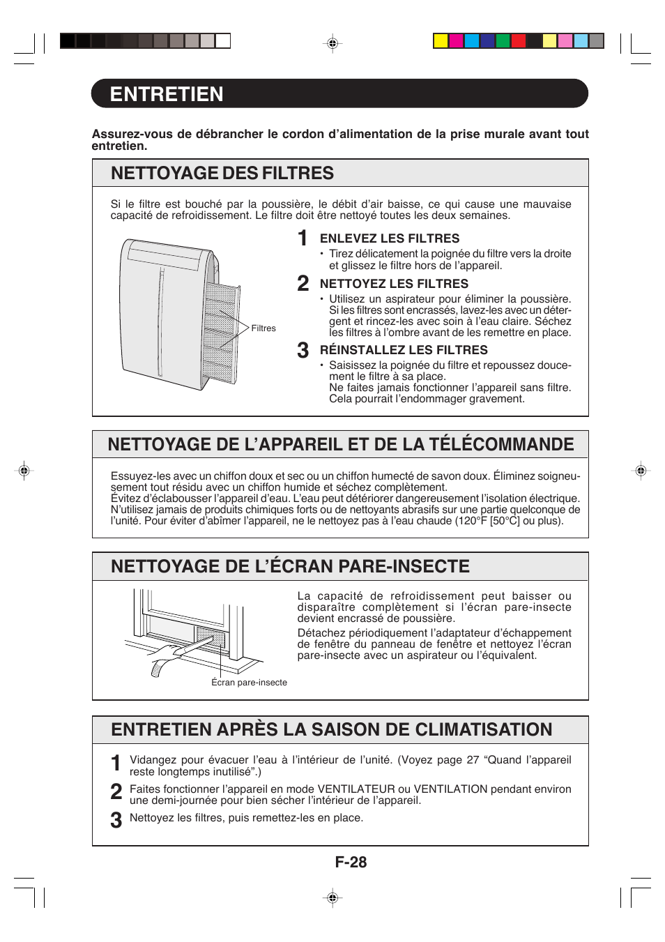 Entretien, Nettoyage de l’appareil et de la télécommande, Nettoyage de l’écran pare-insecte | Nettoyage des filtres, Entretien après la saison de climatisation | Sharp CV-P09LX User Manual | Page 62 / 96