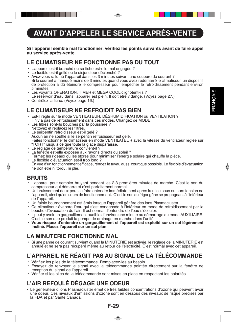 Avant d’appeler le service après-vente, Le climatiseur ne fonctionne pas du tout, Le climatiseur ne refroidit pas bien | Bruits, La minuterie fonctionne mal, L’air refoulé dégage une odeur, F-29 | Sharp CV-P09LX User Manual | Page 63 / 96