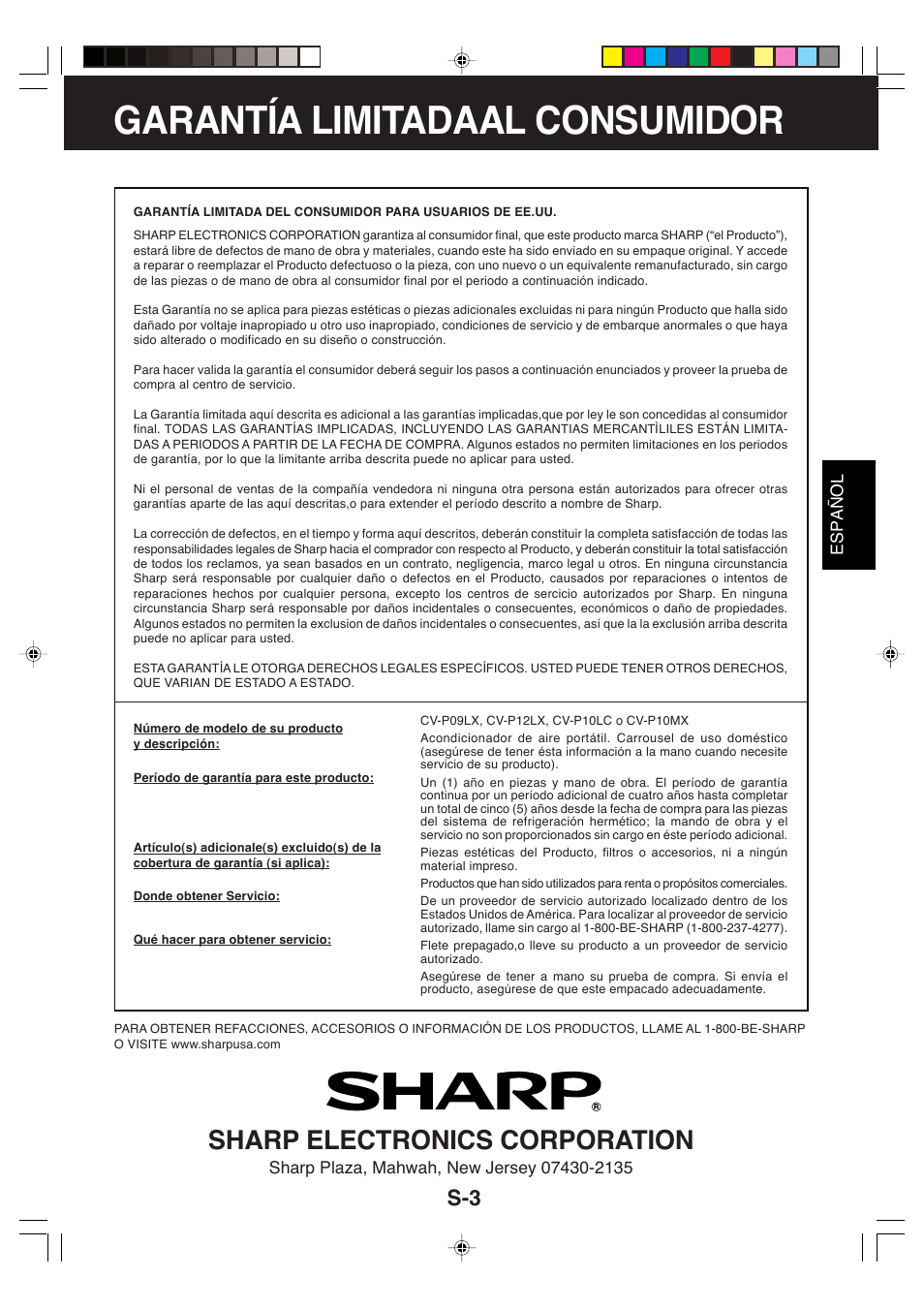 Garantía limitadaal consumidor, Sharp electronics corporation | Sharp CV-P09LX User Manual | Page 67 / 96