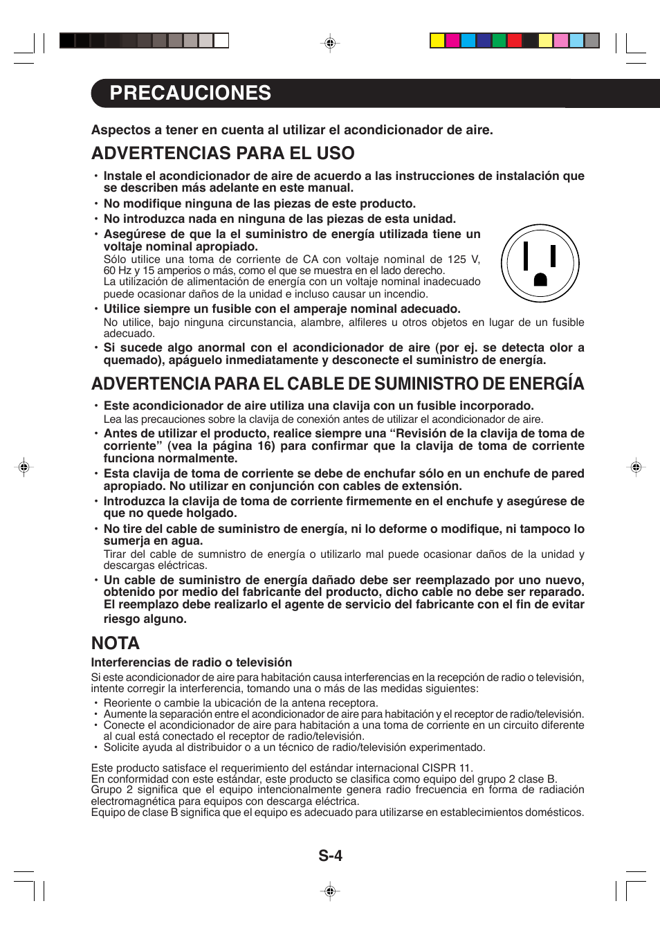 Precauciones, Advertencias para el uso, Advertencia para el cable de suministro de energía | Nota | Sharp CV-P09LX User Manual | Page 68 / 96