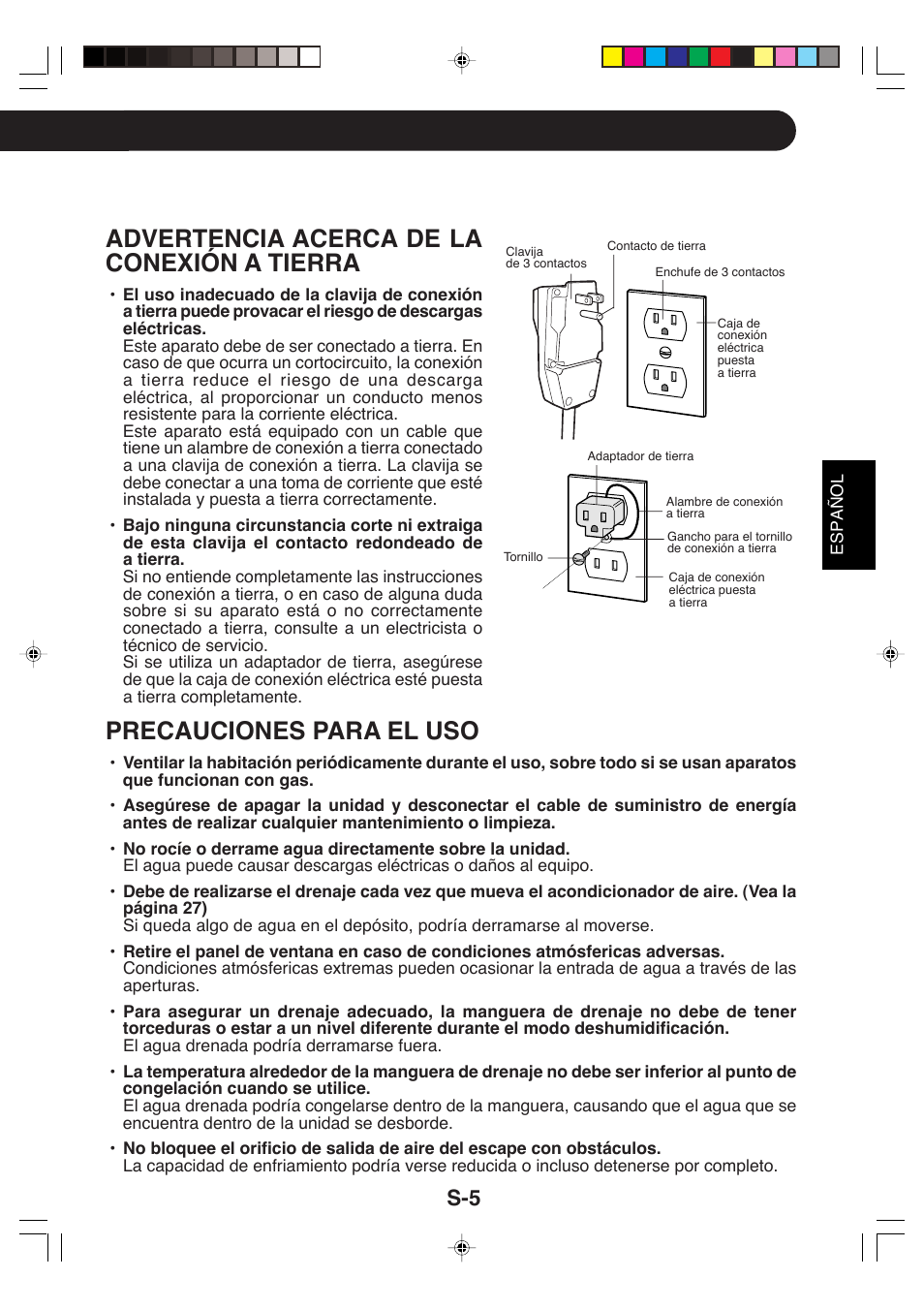 Advertencia acerca de la conexión a tierra, Precauciones para el uso | Sharp CV-P09LX User Manual | Page 69 / 96