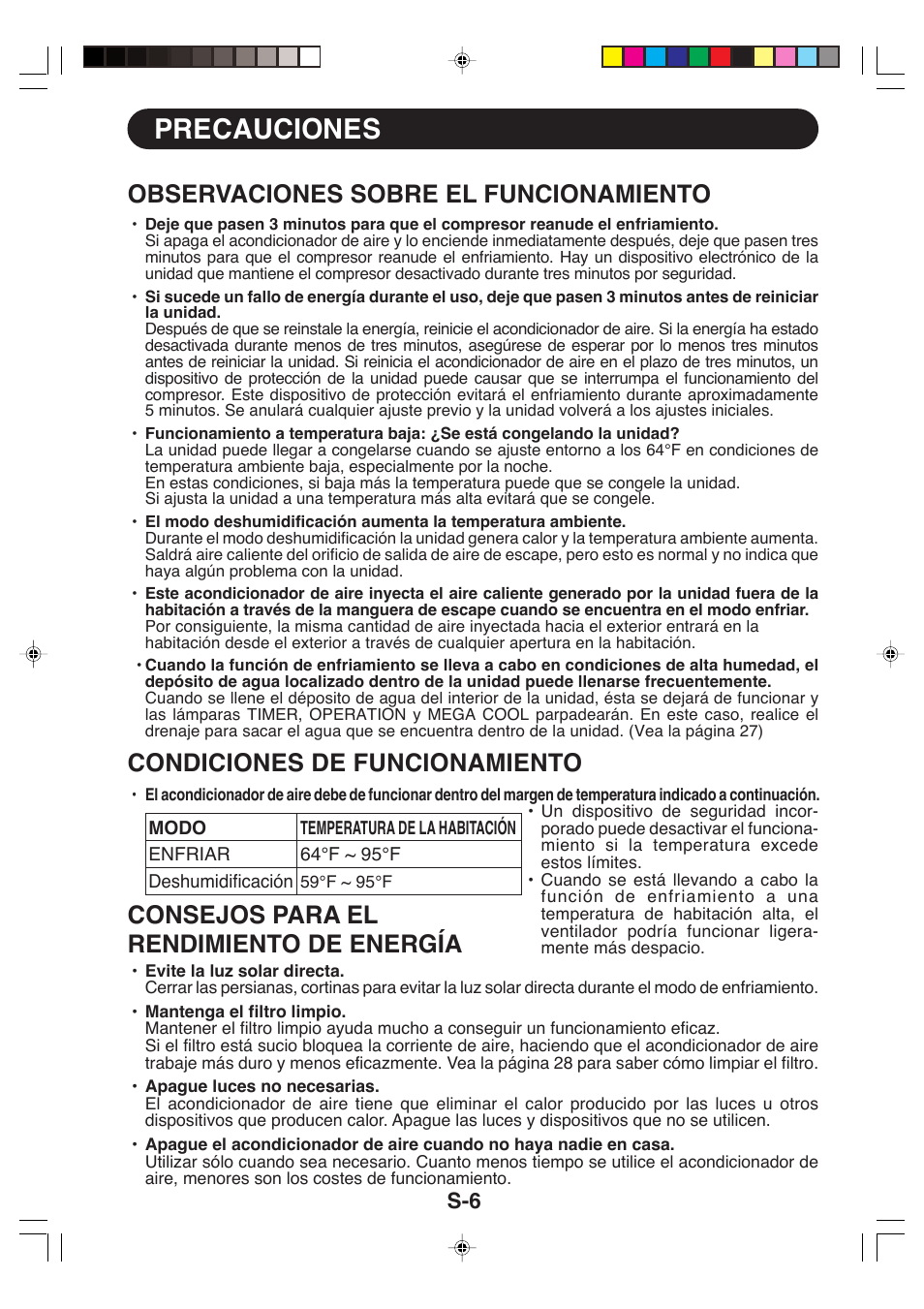 Precauciones, Observaciones sobre el funcionamiento, Condiciones de funcionamiento | Consejos para el rendimiento de energía | Sharp CV-P09LX User Manual | Page 70 / 96