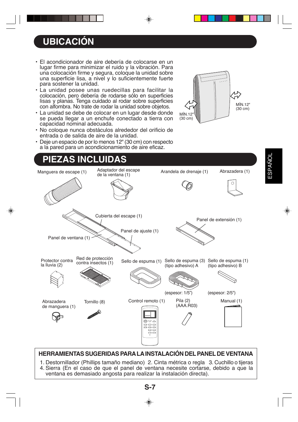 Ubicación, Piezas incluidas | Sharp CV-P09LX User Manual | Page 71 / 96