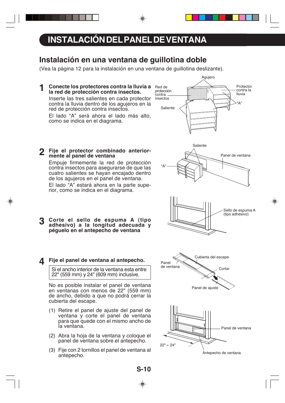 Instalación del panel de ventana, Instalación en una ventana de guillotina doble, S-10 | Sharp CV-P09LX User Manual | Page 74 / 96