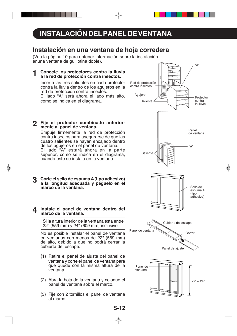 Instalación del panel de ventana, Instalación en una ventana de hoja corredera, S-12 | Sharp CV-P09LX User Manual | Page 76 / 96