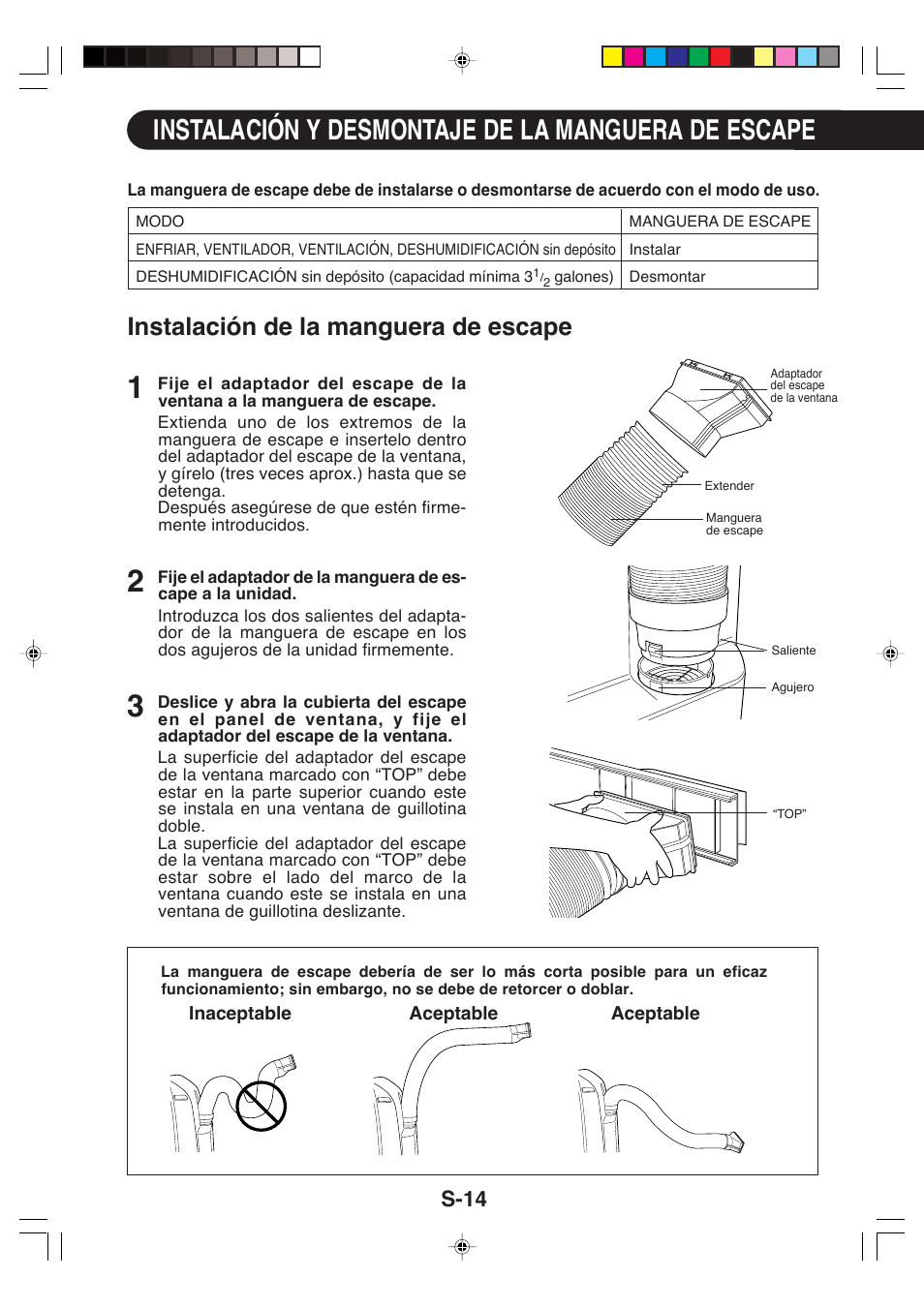 Instalación y desmontaje de la manguera de escape, Instalación de la manguera de escape, S-14 | Sharp CV-P09LX User Manual | Page 78 / 96