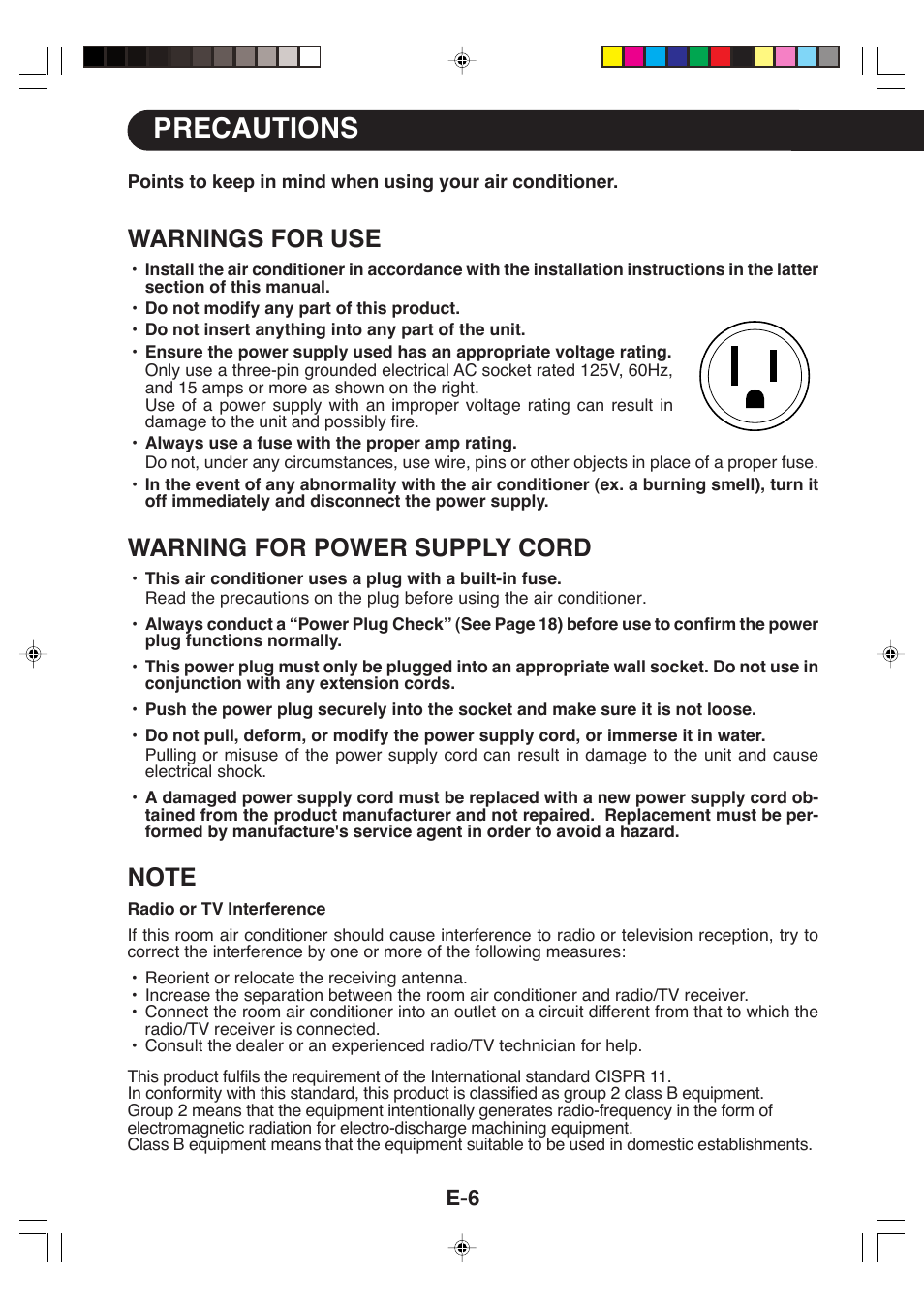 Precautions, Warnings for use, Warning for power supply cord | Sharp CV-P09LX User Manual | Page 8 / 96