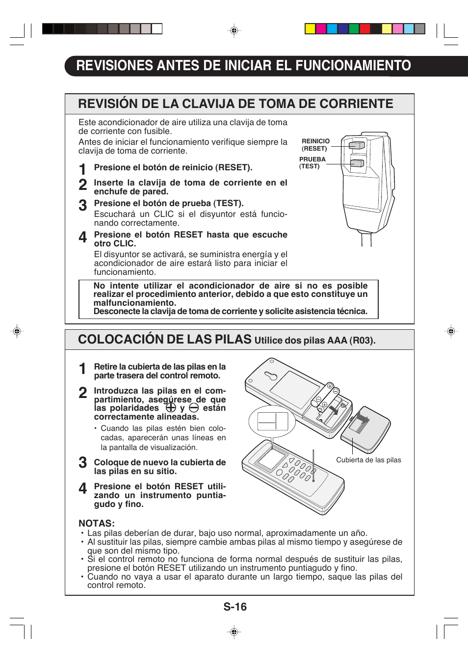 Revisiones antes de iniciar el funcionamiento, Colocación de las pilas, Revisión de la clavija de toma de corriente | Sharp CV-P09LX User Manual | Page 80 / 96