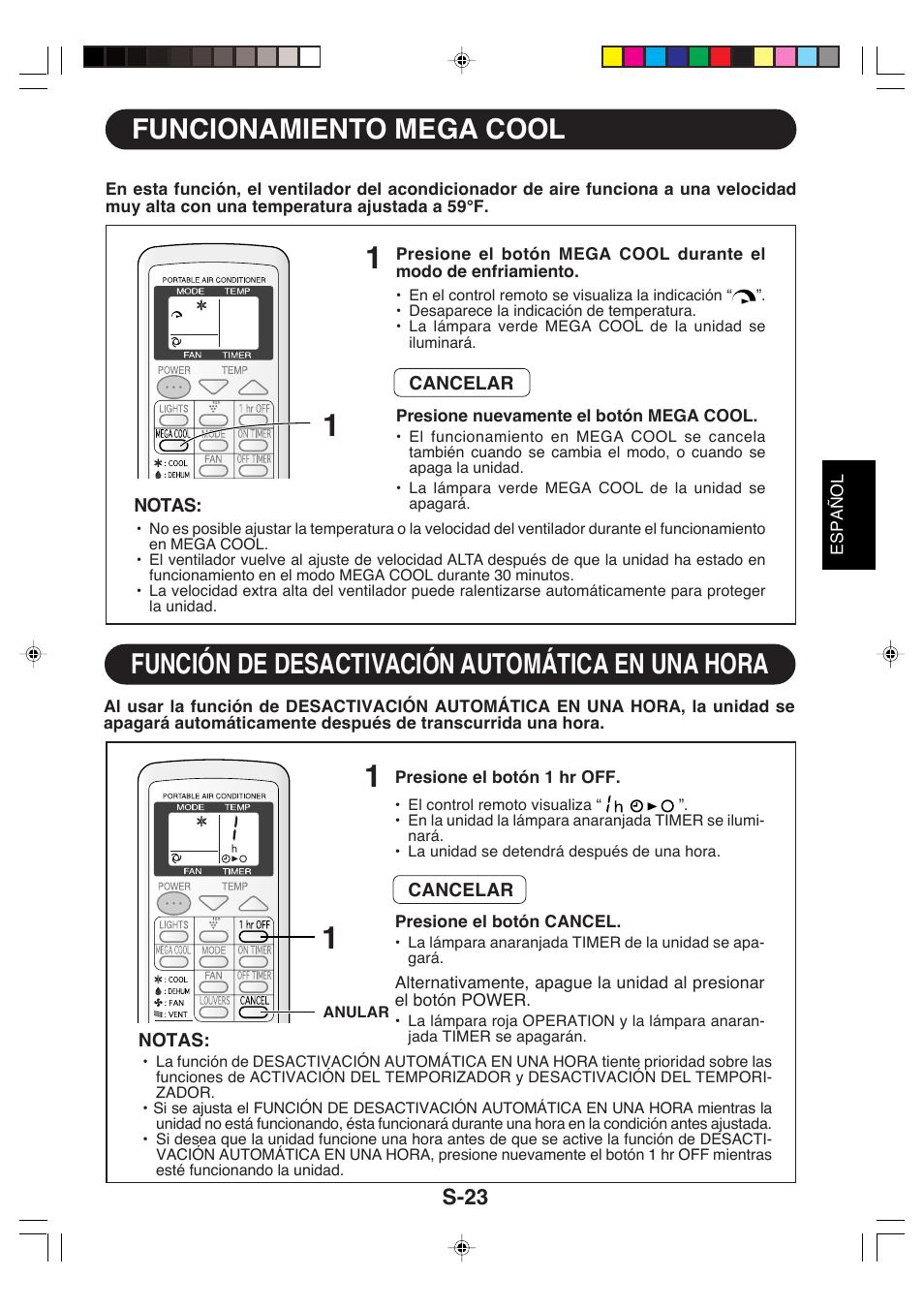 Funcionamiento mega cool, Función de desactivación automática en una hora, S-23 | Sharp CV-P09LX User Manual | Page 87 / 96