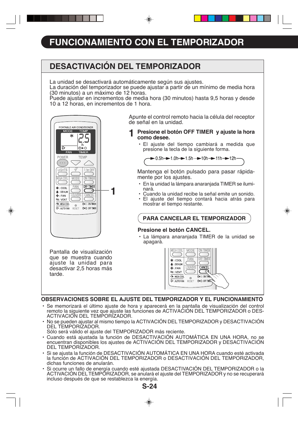 Funcionamiento con el temporizador, Desactivación del temporizador, S-24 | Sharp CV-P09LX User Manual | Page 88 / 96