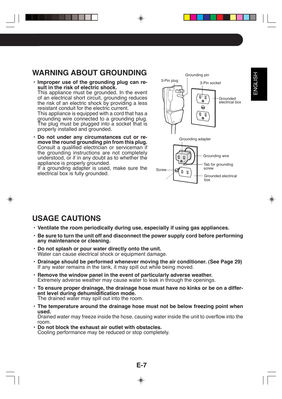 Warning about grounding, Usage cautions | Sharp CV-P09LX User Manual | Page 9 / 96