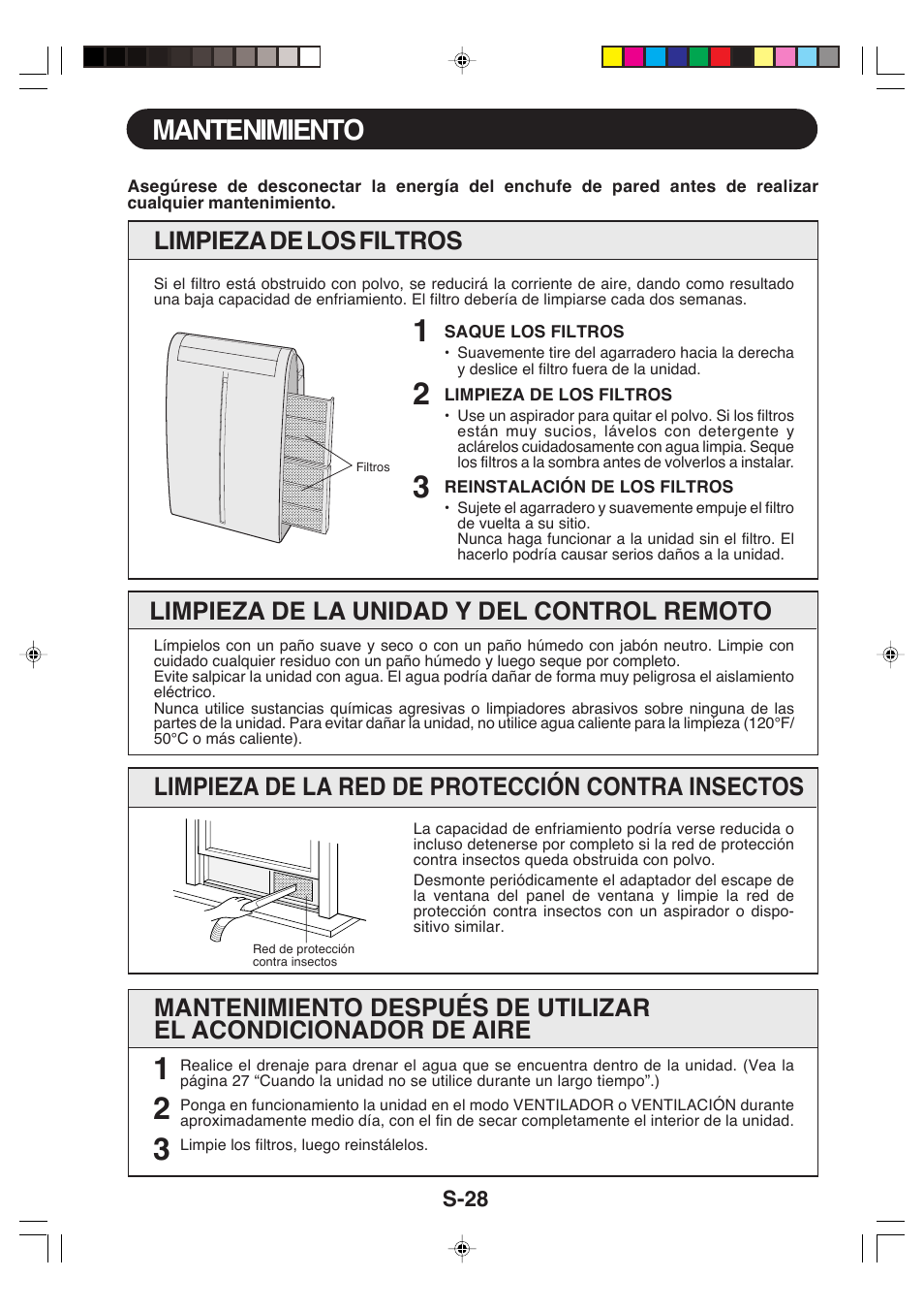 Mantenimiento, Limpieza de la unidad y del control remoto, Limpieza de la red de protección contra insectos | Limpieza de los filtros | Sharp CV-P09LX User Manual | Page 92 / 96