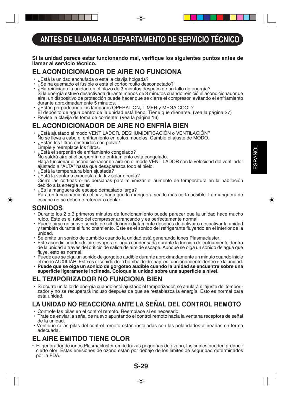 El acondicionador de aire no funciona, El acondicionador de aire no enfría bien, Sonidos | El temporizador no funciona bien, El aire emitido tiene olor, S-29 | Sharp CV-P09LX User Manual | Page 93 / 96