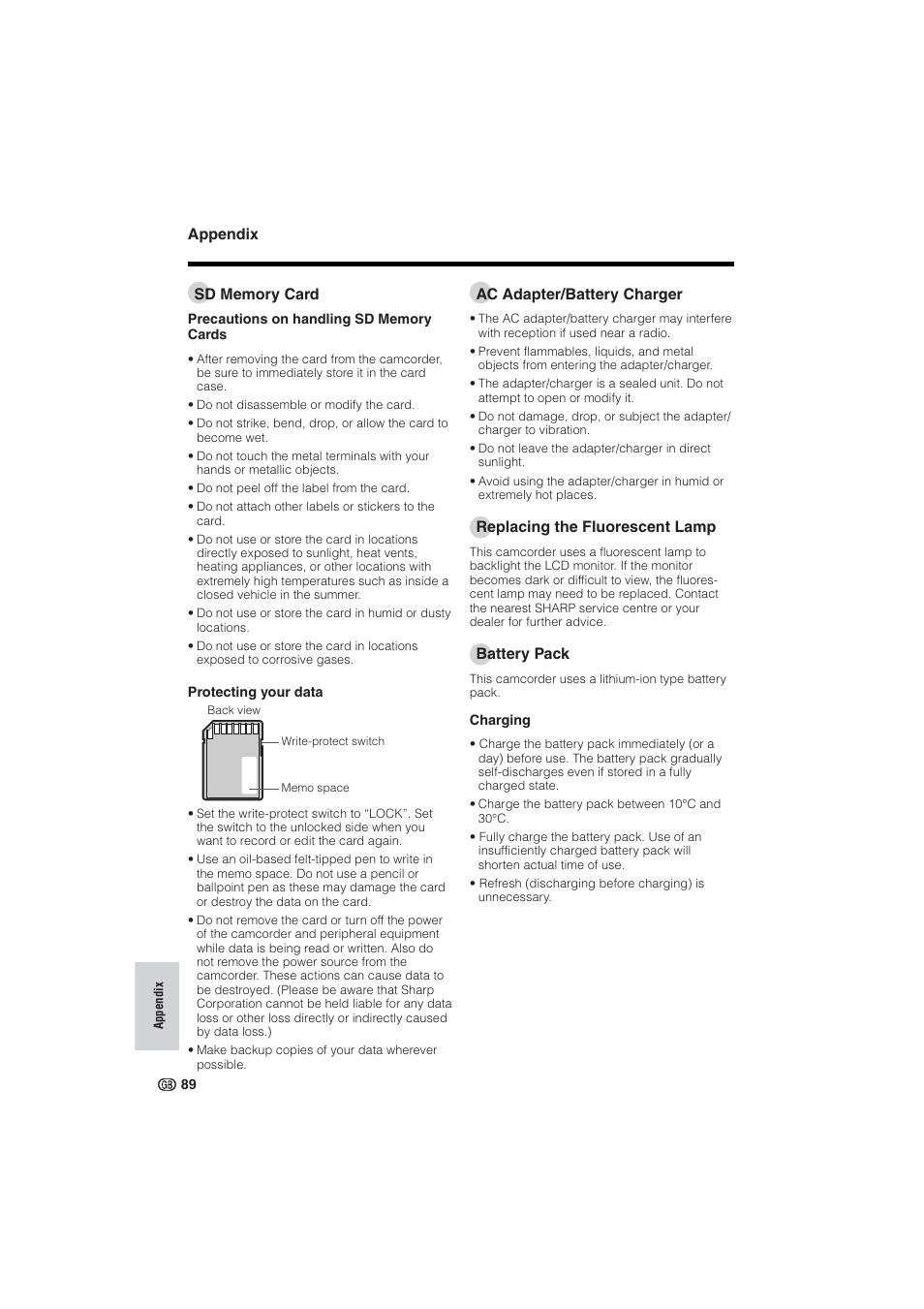 Appendix, Ac adapter/battery charger, Replacing the fluorescent lamp | Battery pack | Sharp VL-NZ10S User Manual | Page 104 / 111