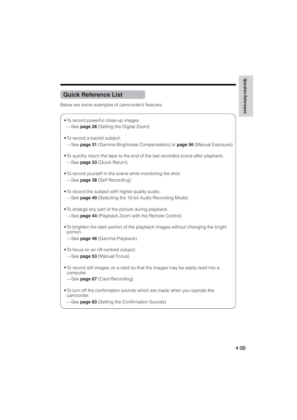 Quick reference list | Sharp VL-NZ10S User Manual | Page 19 / 111