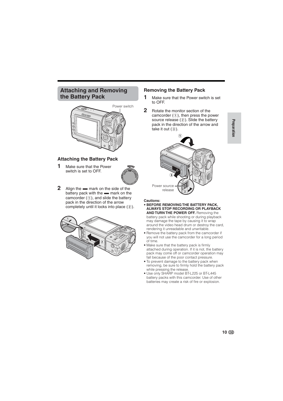 Attaching and removing the battery pack | Sharp VL-NZ10S User Manual | Page 25 / 111