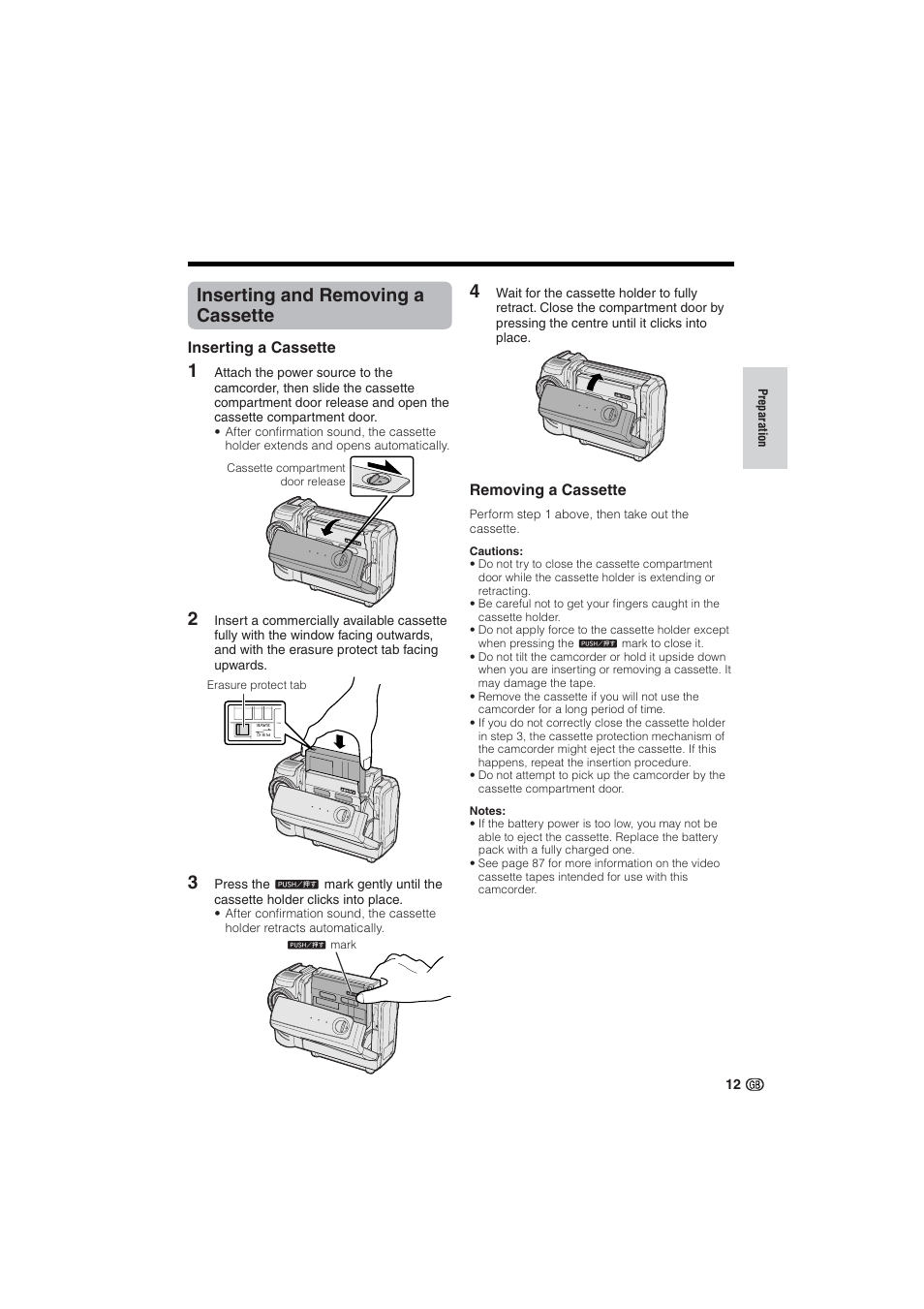 Inserting and removing a cassette, Inserting a cassette, Removing a cassette | Sharp VL-NZ10S User Manual | Page 27 / 111