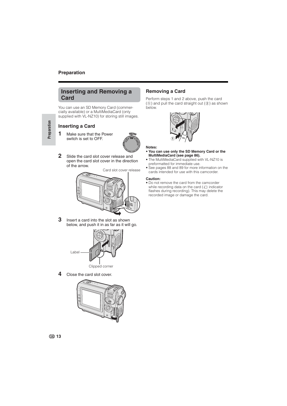 Inserting and removing a card | Sharp VL-NZ10S User Manual | Page 28 / 111