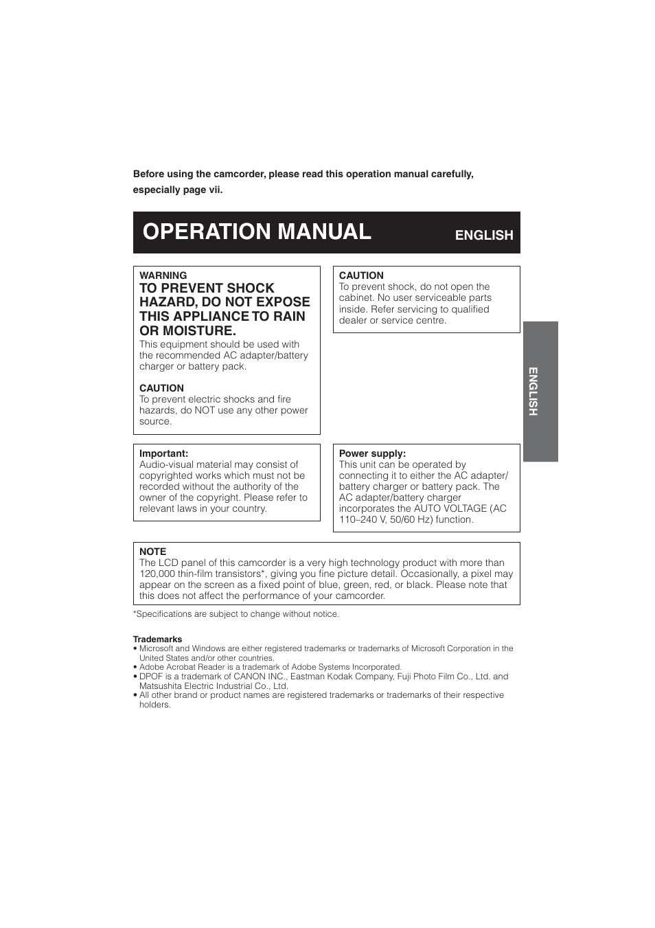 Operation manual, English | Sharp VL-NZ10S User Manual | Page 3 / 111