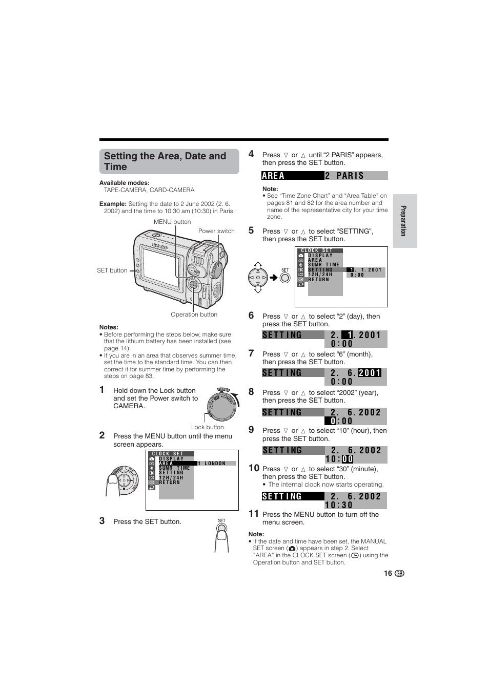 Setting the area, date and time | Sharp VL-NZ10S User Manual | Page 31 / 111