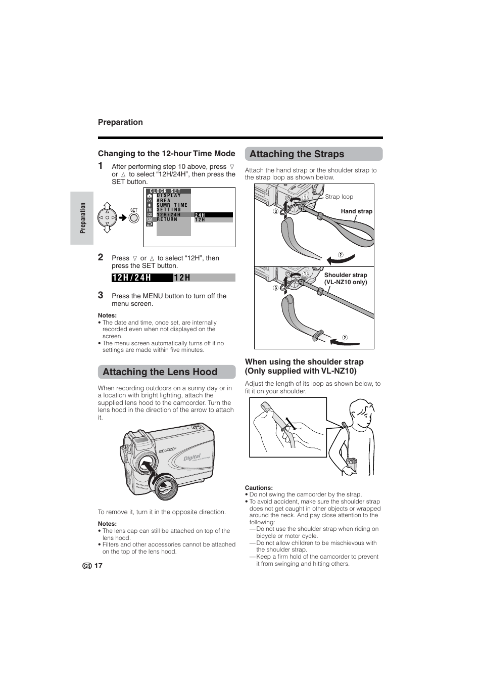 Attaching the lens hood, Attaching the straps | Sharp VL-NZ10S User Manual | Page 32 / 111