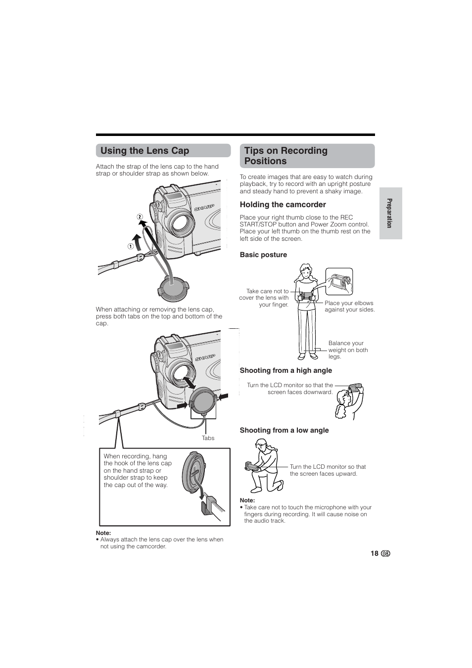 Using the lens cap, Tips on recording positions | Sharp VL-NZ10S User Manual | Page 33 / 111