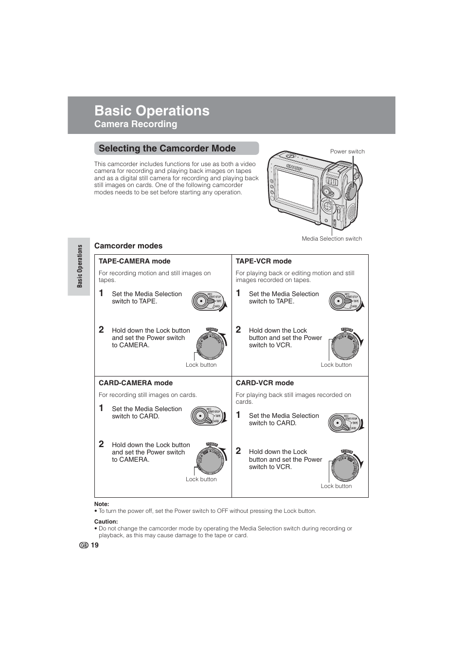 Basic operations, Camera recording selecting the camcorder mode | Sharp VL-NZ10S User Manual | Page 34 / 111