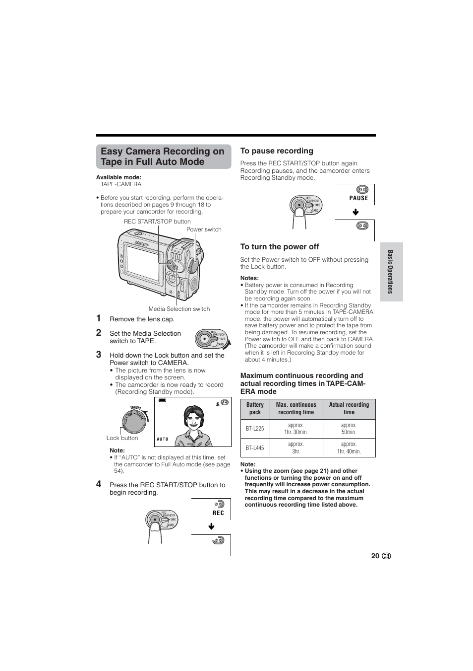 Easy camera recording on tape in full auto mode | Sharp VL-NZ10S User Manual | Page 35 / 111
