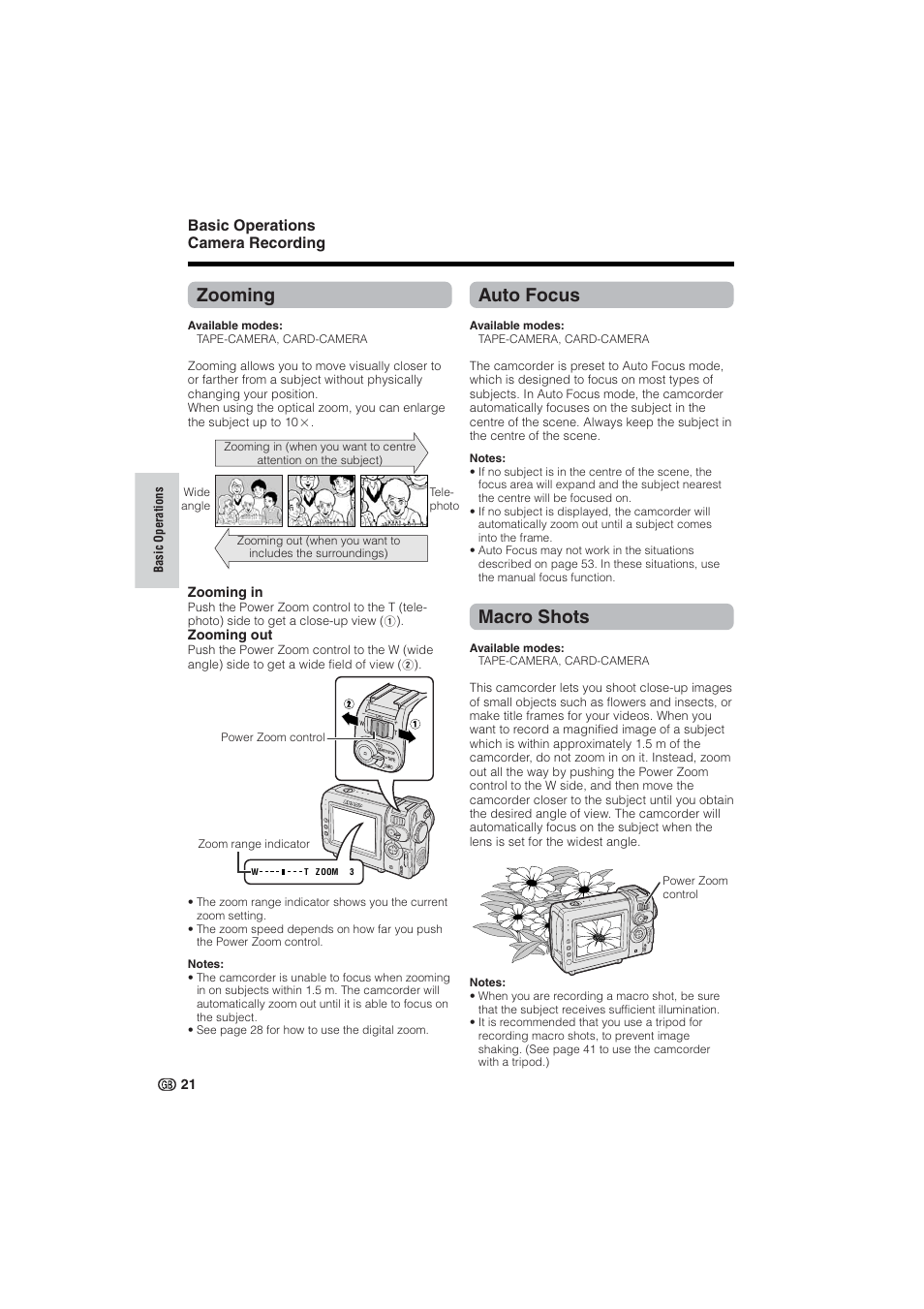 Zooming, Auto focus, Macro shots | Basic operations camera recording | Sharp VL-NZ10S User Manual | Page 36 / 111