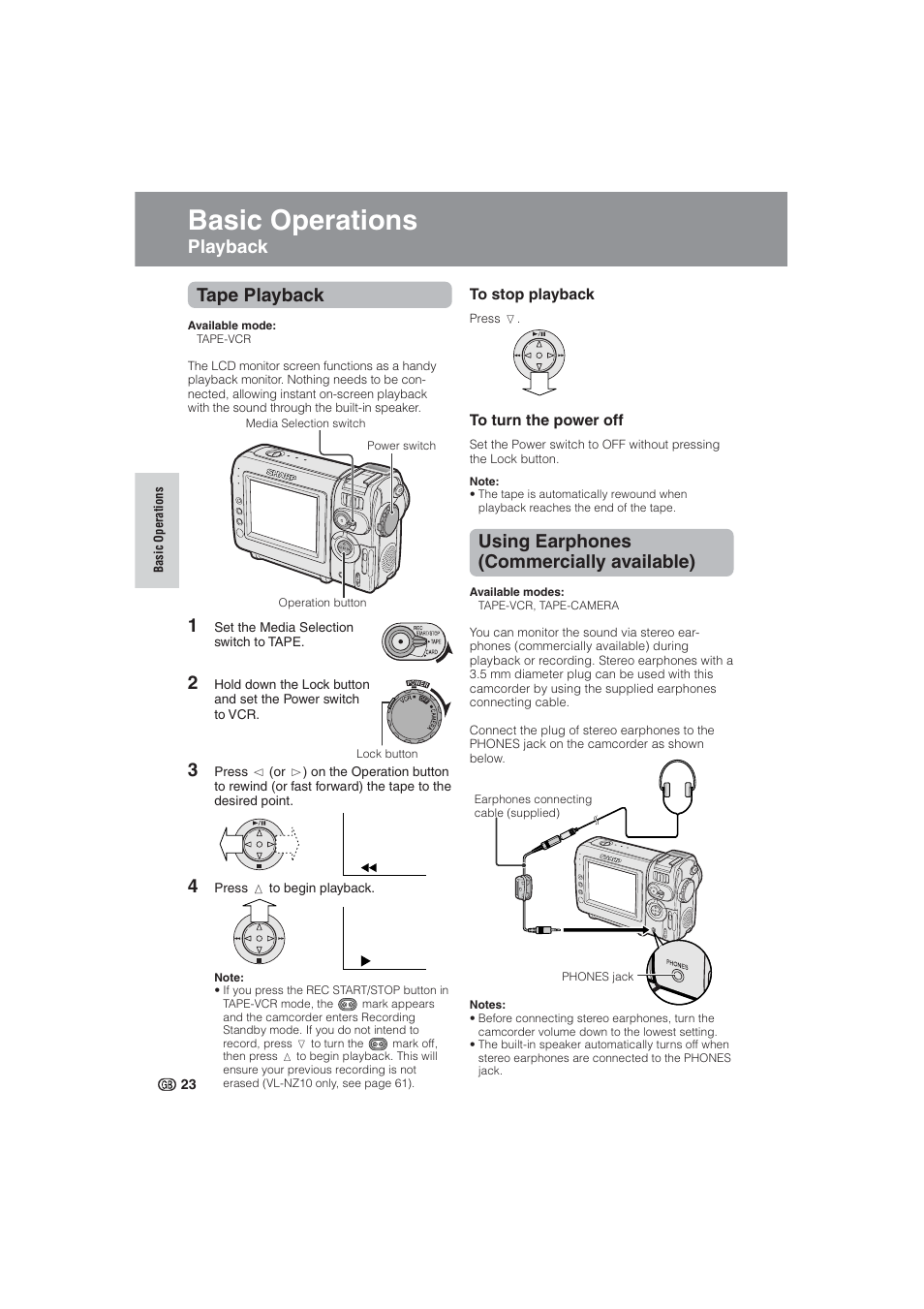 Basic operations, Tape playback, Playback using earphones (commercially available) | Sharp VL-NZ10S User Manual | Page 38 / 111