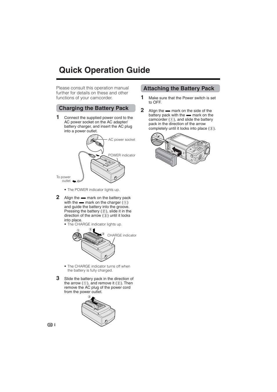 Quick operation guide, Attaching the battery pack 1, Charging the battery pack 1 | Sharp VL-NZ10S User Manual | Page 4 / 111