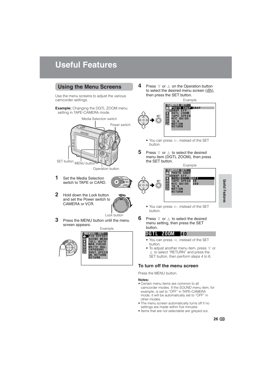 Useful features, Using the menu screens, 04 dg t l zoom | Sharp VL-NZ10S User Manual | Page 41 / 111