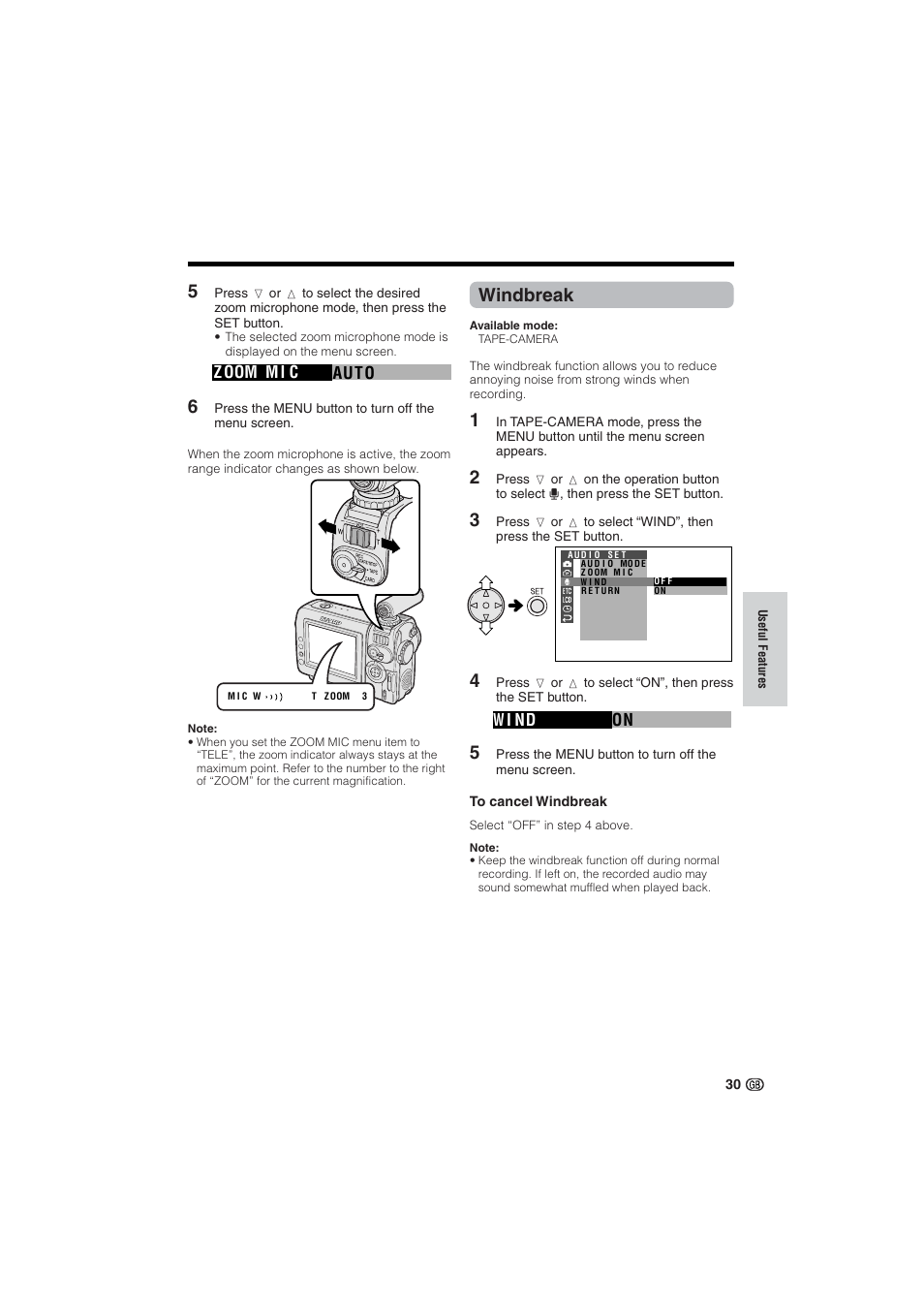 Windbreak, Auto z oom m i c, On w i nd | Sharp VL-NZ10S User Manual | Page 45 / 111