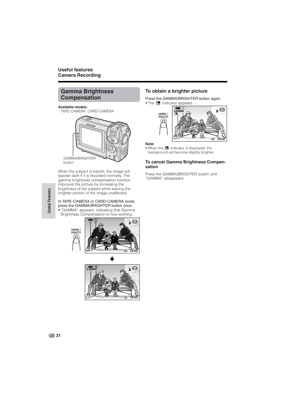 Gamma brightness compensation, Useful features camera recording | Sharp VL-NZ10S User Manual | Page 46 / 111