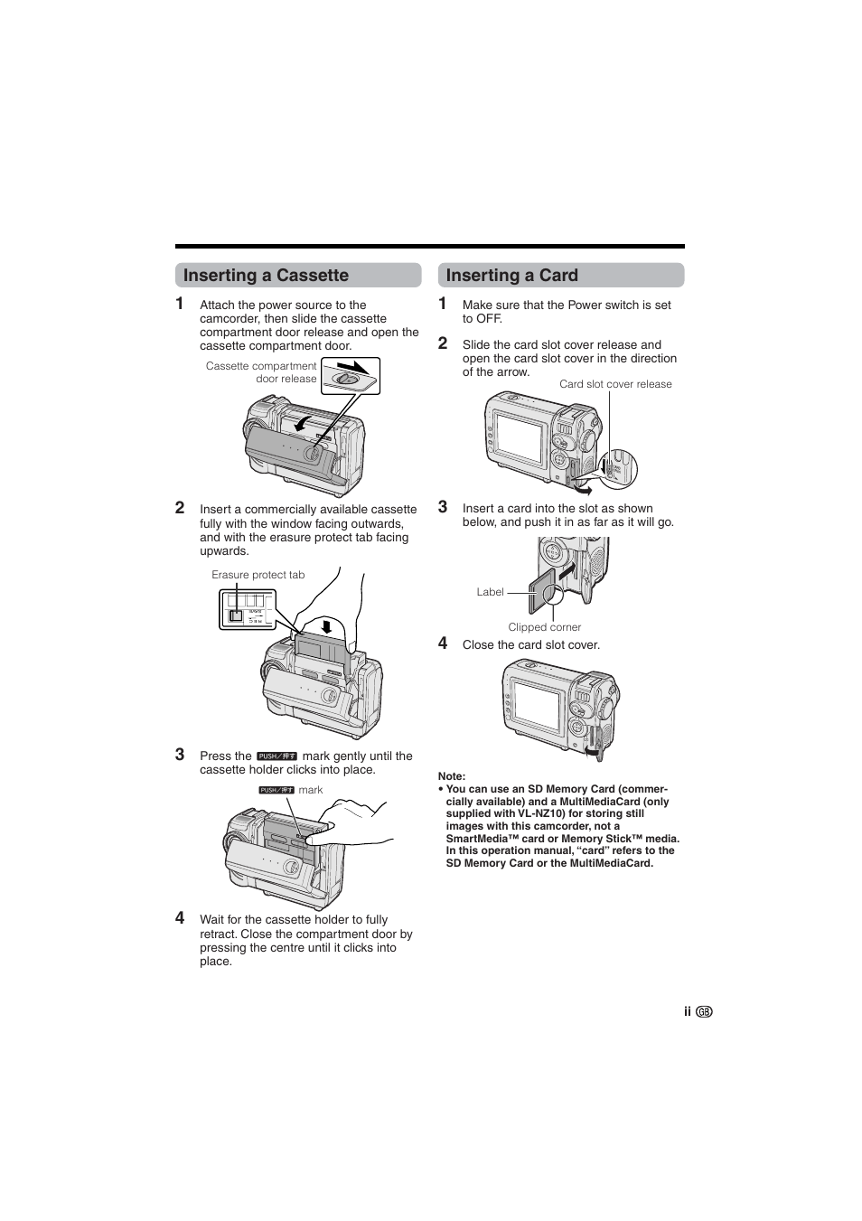 Inserting a cassette 1, Inserting a card 1 | Sharp VL-NZ10S User Manual | Page 5 / 111