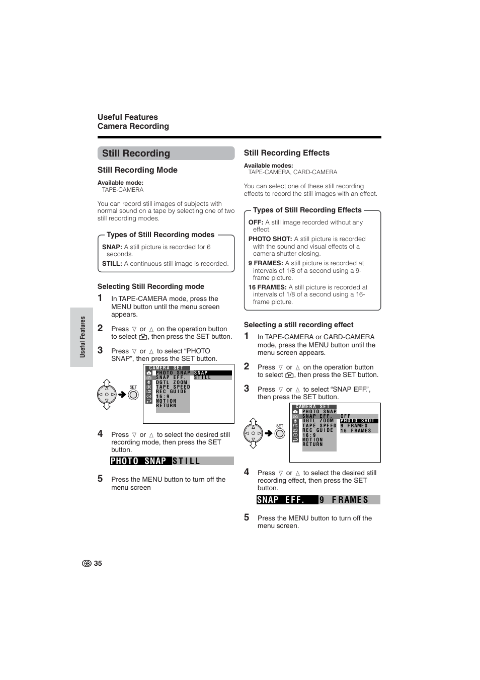 Still recording, E f f. snap 9 f r ame s | Sharp VL-NZ10S User Manual | Page 50 / 111
