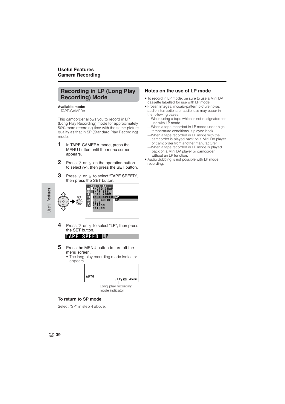 Recording in lp (long play recording) mode, Lp t ap e sp e e d | Sharp VL-NZ10S User Manual | Page 54 / 111