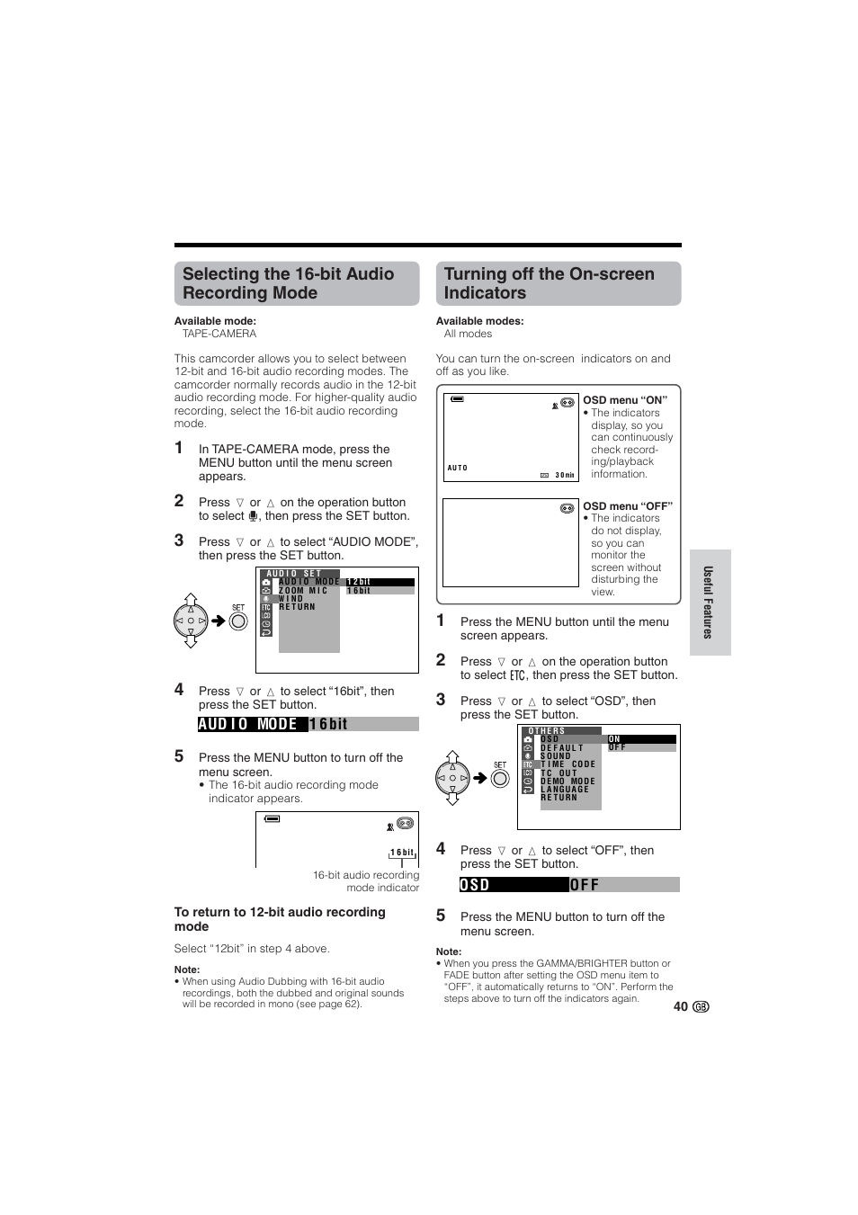 Selecting the 16-bit audio recording mode, Turning off the on-screen indicators, 1 6 bit aud i o mode | Of f osd | Sharp VL-NZ10S User Manual | Page 55 / 111