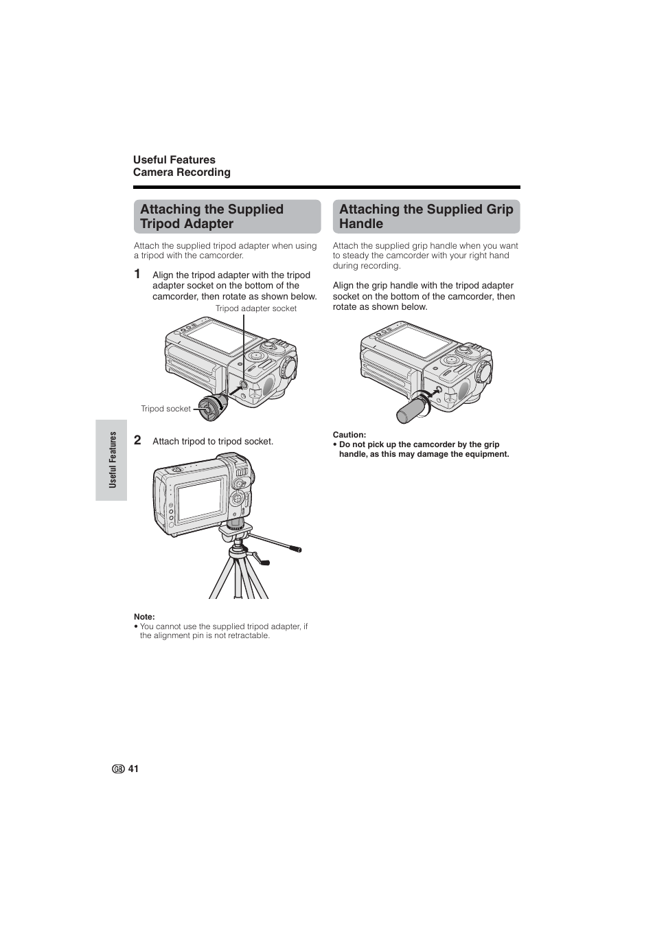 Attaching the supplied tripod adapter, Attaching the supplied grip handle | Sharp VL-NZ10S User Manual | Page 56 / 111