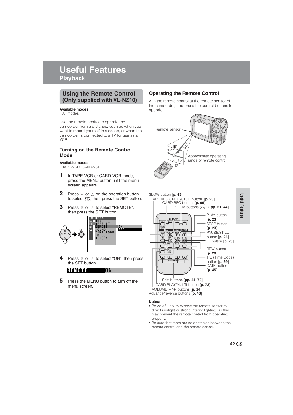 Useful features, Using the remote control, Playback | Only supplied with vl-nz10), Remo t e on | Sharp VL-NZ10S User Manual | Page 57 / 111